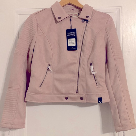 TRUE RELIGION motorcycle jacket faux suede dusty pink size medium - Picture 1 of 7